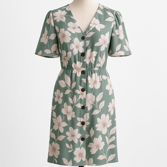 Monteau Dresses & Skirts - Monteau Sage Green Floral Midi Dress with Flutter Sleeves | Size L